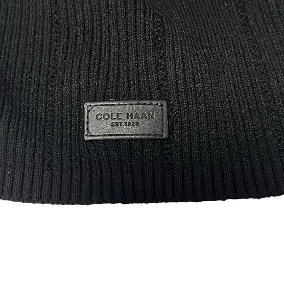 Cole Haan Men's Rib Pointelle Slouchy No Cuff Wool Beanie Hat Black Unisex - Picture 2 of 8